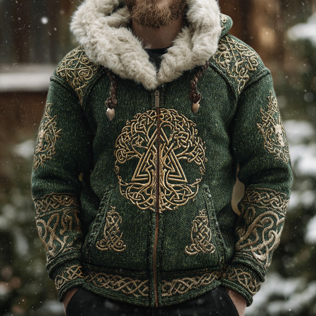 Men's Viking Tree Of Life Knitted Fur Collar Jacket
