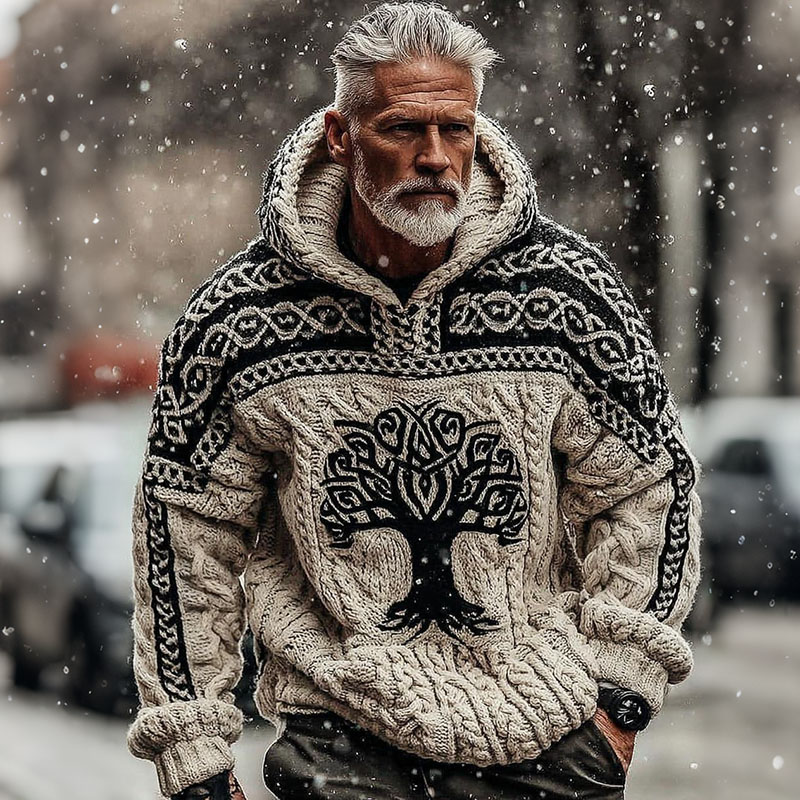 Men's Viking Celtic With Tree Of Life Art Cozy Knit Hooded Sweater