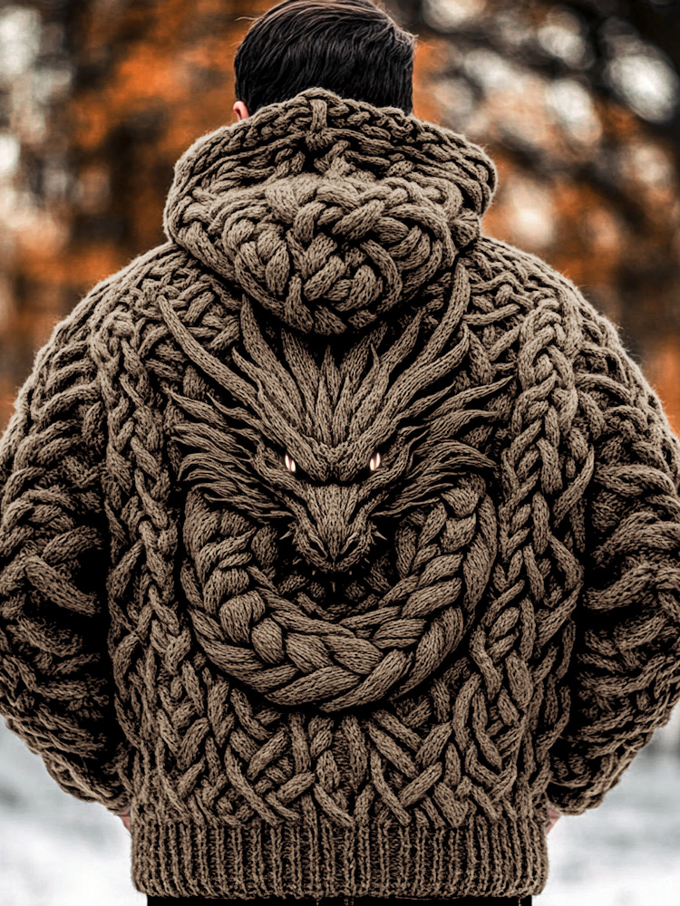 Men's Viking Dragon Style Celtic Thick Zip Hooded Sweater