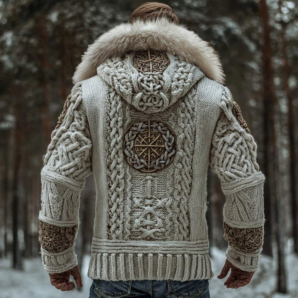 Men's Viking Runes Celtic Knot Art Cozy Fur Collar Knit Hooded Sweater Jacket