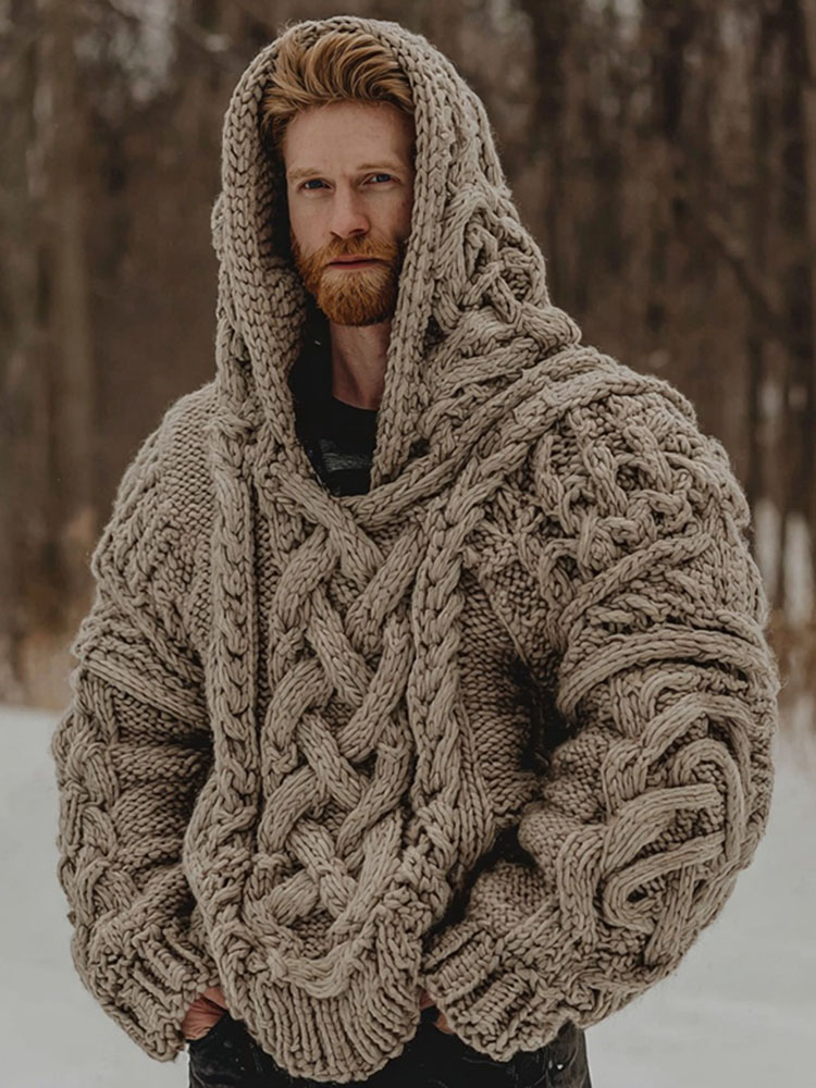 Vintage Celtic Knot Knit Zip-up Hooded Sweater