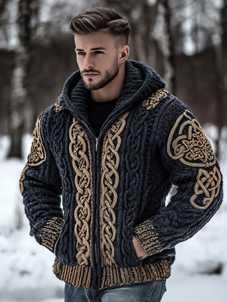 Men's Viking Celtic Knot Thick Needle Warm Hooded Cardigan Sweater