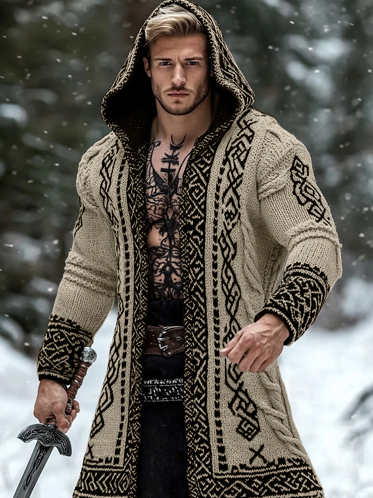 Men's Viking Tribal Pattern Jacquard Celtic Cozy Cardigan Sweater