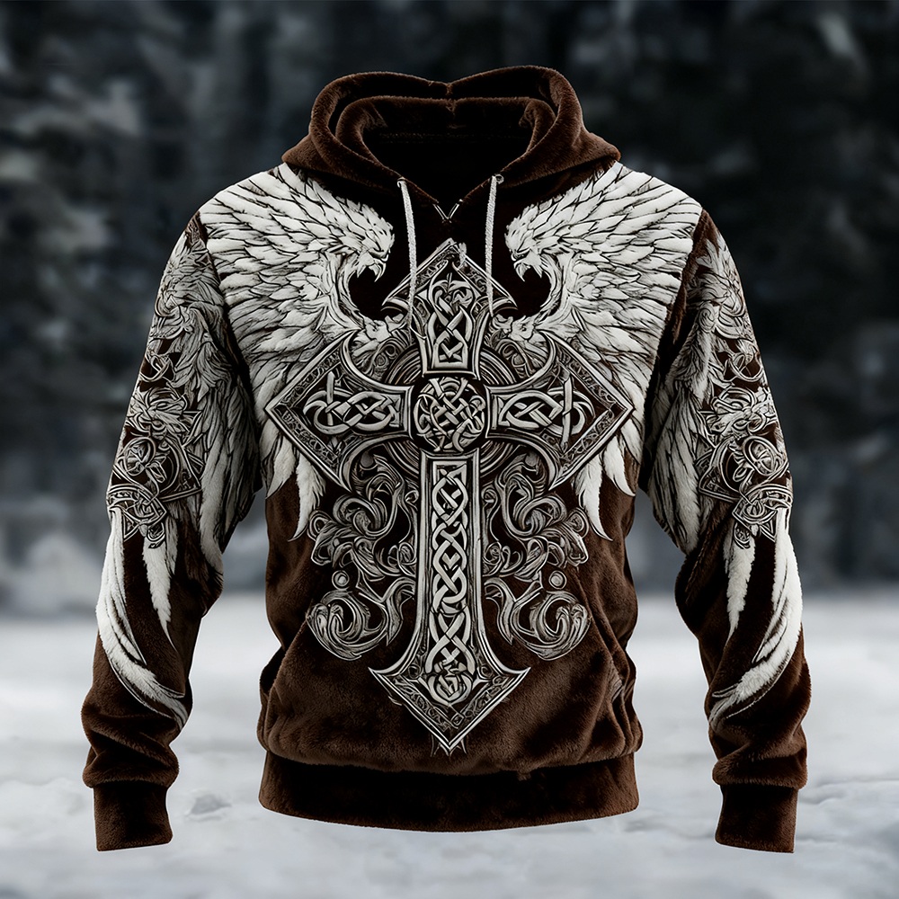 Men's Celtic Cross With Wings Pattern Viking Cozy Plush Hoodie