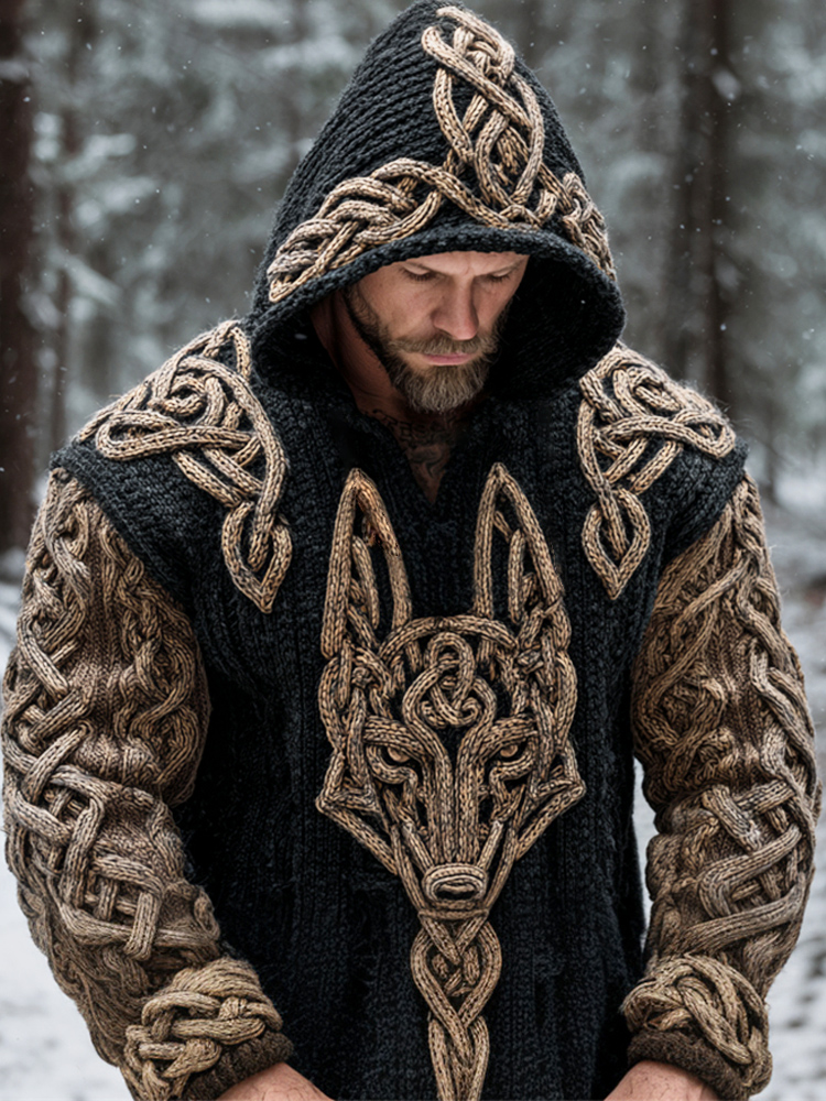 Viking Hellhound Celtic Knot Art Men's Hooded Knit Sweater