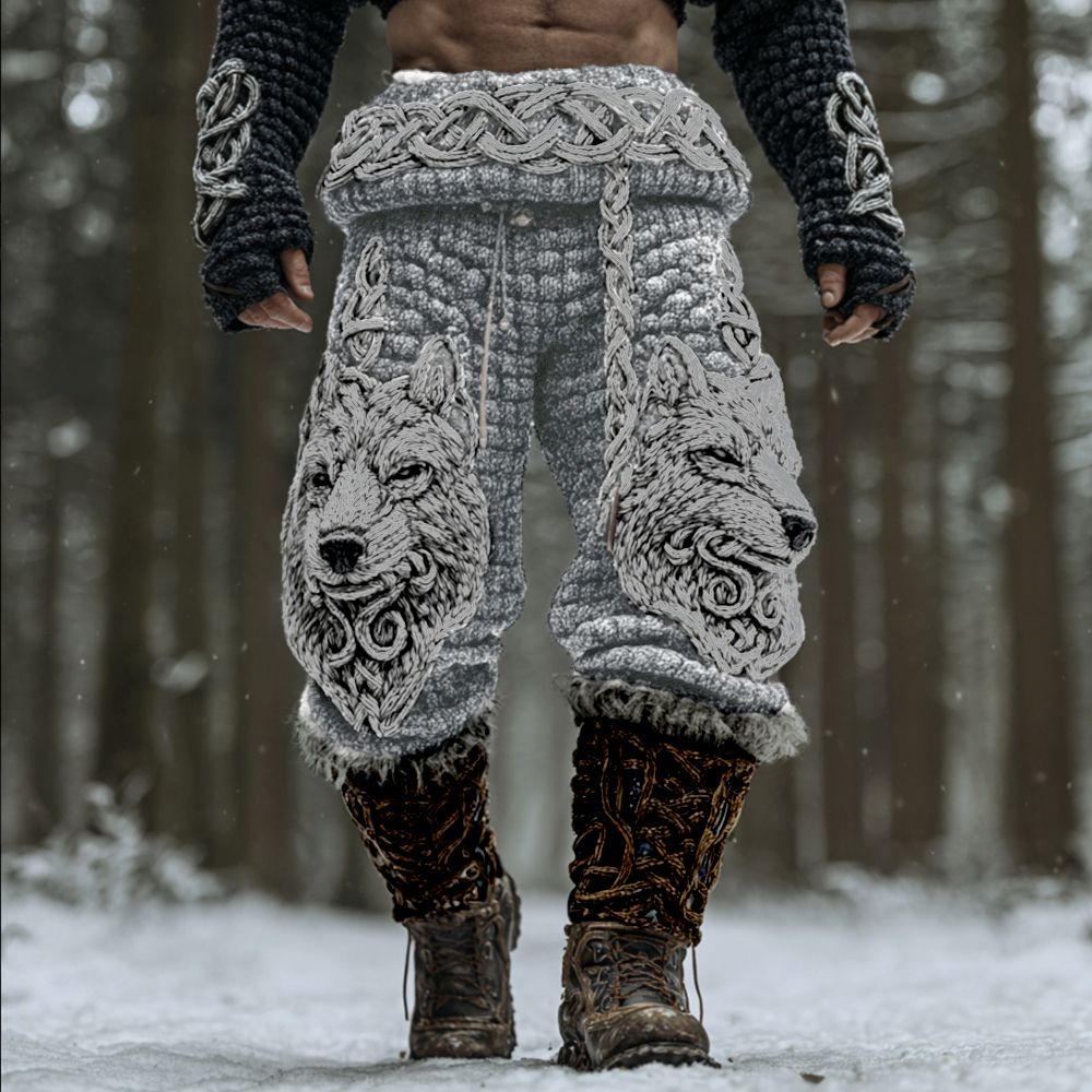 Men's Viking Celtic Knot Wolf Head Embroidery Thick Needle Thick Casual Pants