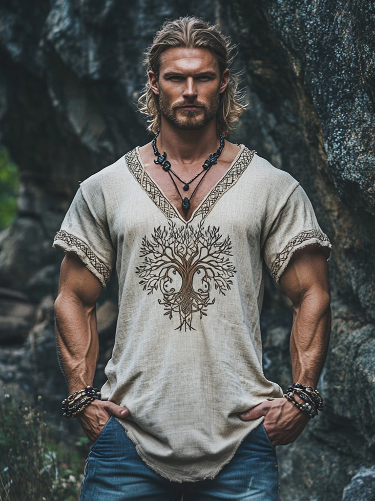 Vintage Tribal Viking Tree Of Life V Neck Short Sleeve Linen T-shirt