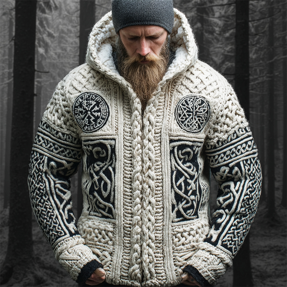 Viking Helm Of Awe Design Men's Chunky Knit Hooded Zip-up Cardigan