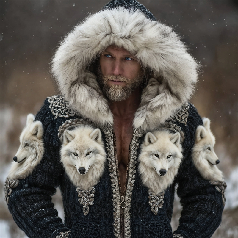 Men's Viking Fuzzy Wolf Celtic Cozy Fur Trim Hooded Cardigan