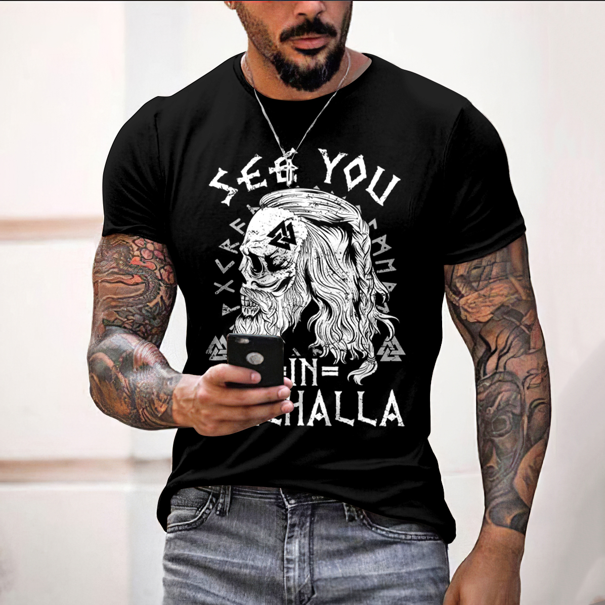 See You In Valhalla Runes Skull Graphics Cotton T-shirt