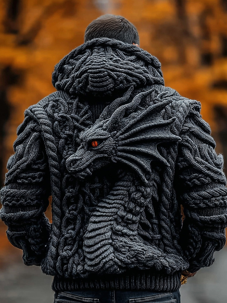 Men's Viking Dragon Totem Chunky Knit Hooded Cardigan