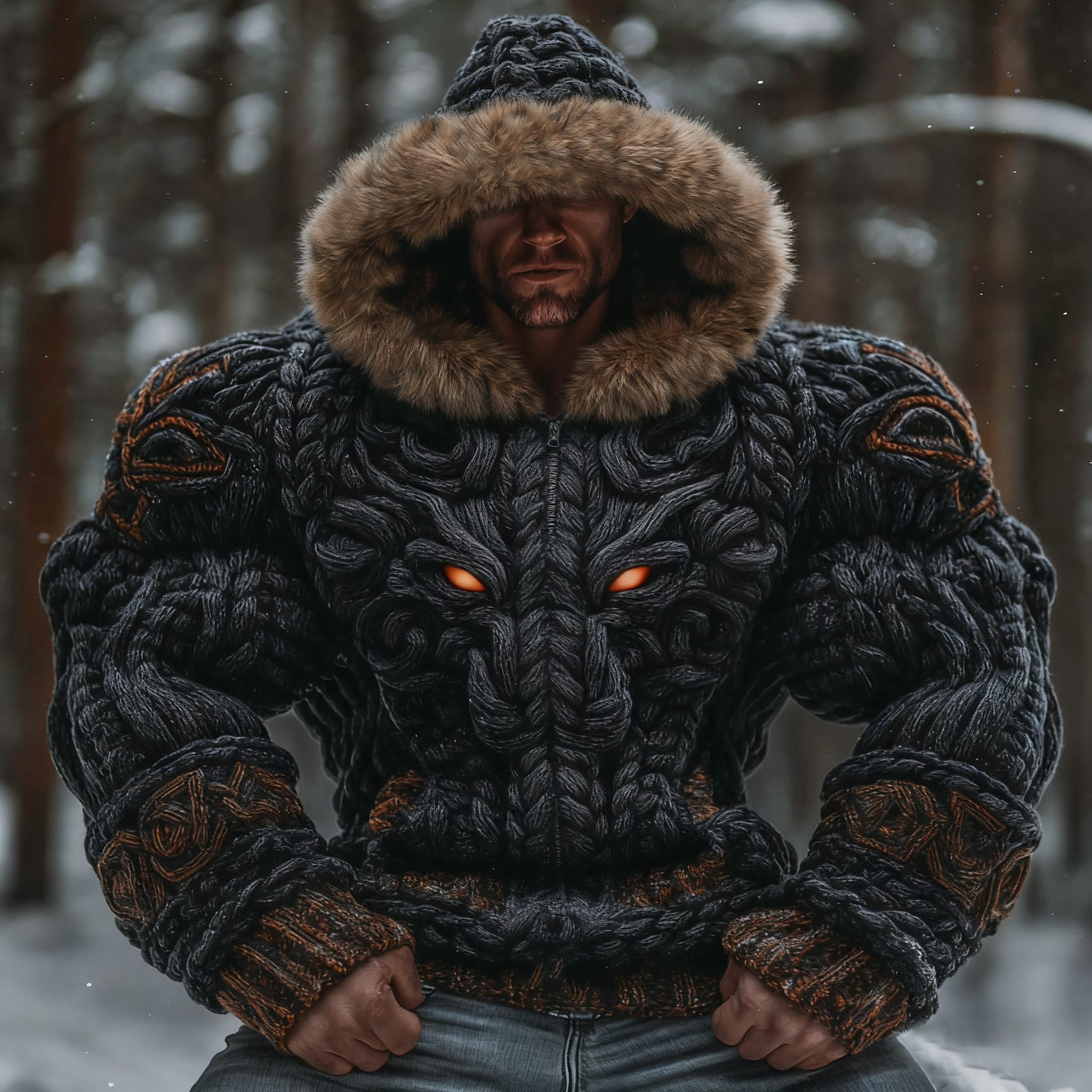 Men's Vintage Ancient Viking Tribal With Dragon Art Inspired Winter Warmth Knit Zipped Fur Hooded Sweater