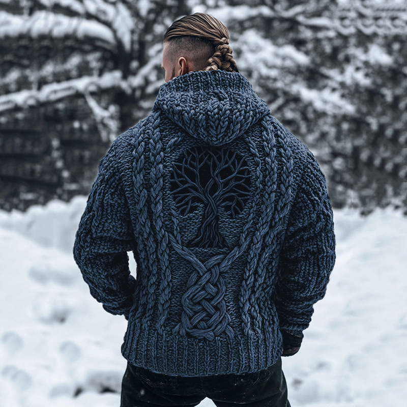 Men's Viking Tribal Tree Of Life Celtic Chunky Knit Hooded Sweater