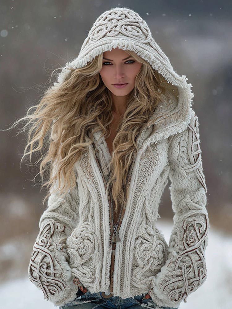 Women's Viking Celtic Knot Art Cozy Warm Knit Zip Hooded Sweater