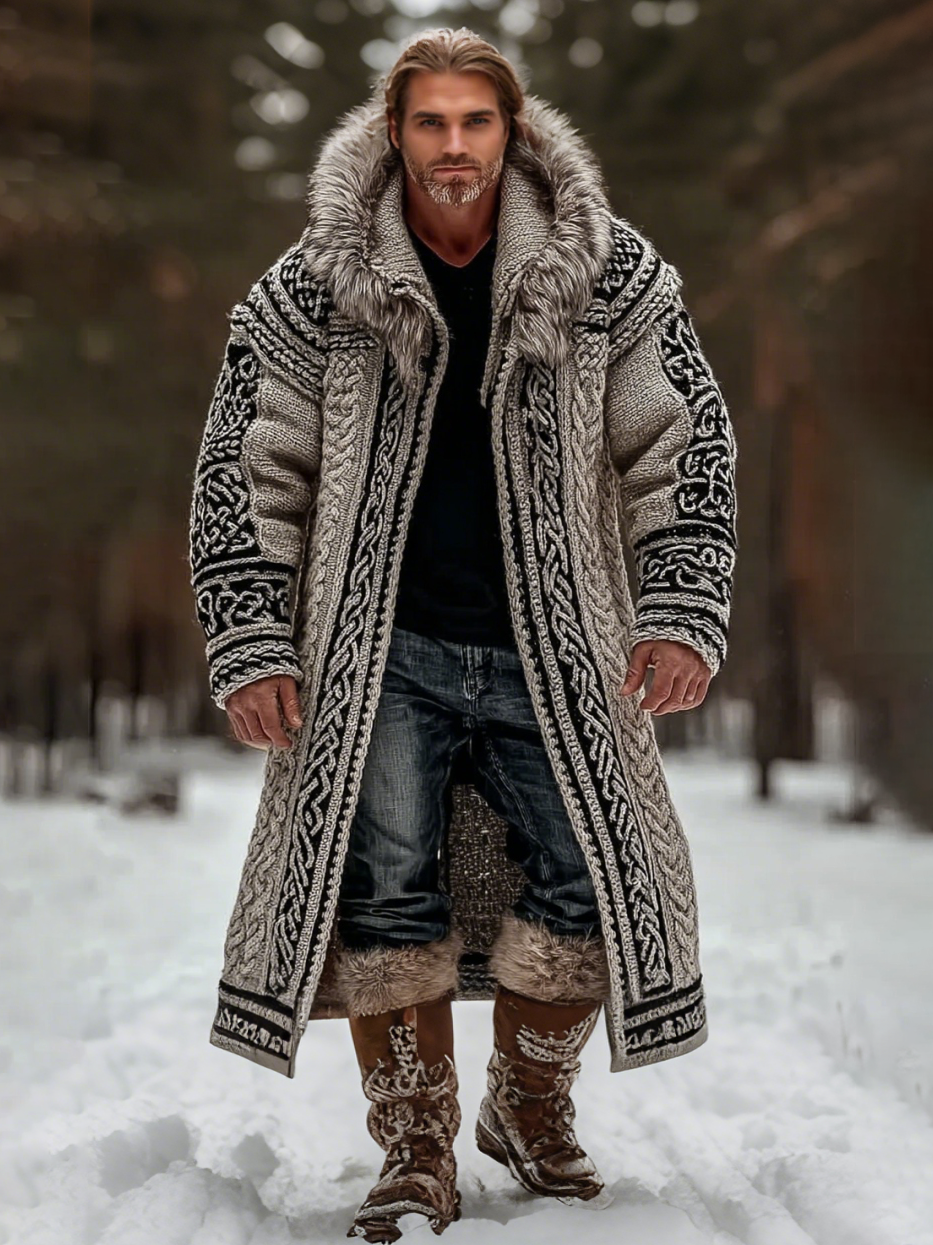 Men's Retro Celtic Knot Chunky Knit Fuzzy Mid-length Hooded Cardigan