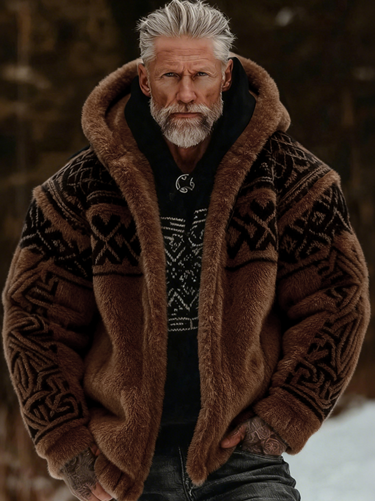 Men's Viking Celtic Art Plush Cozy Warm Zipped Hooded Jacket