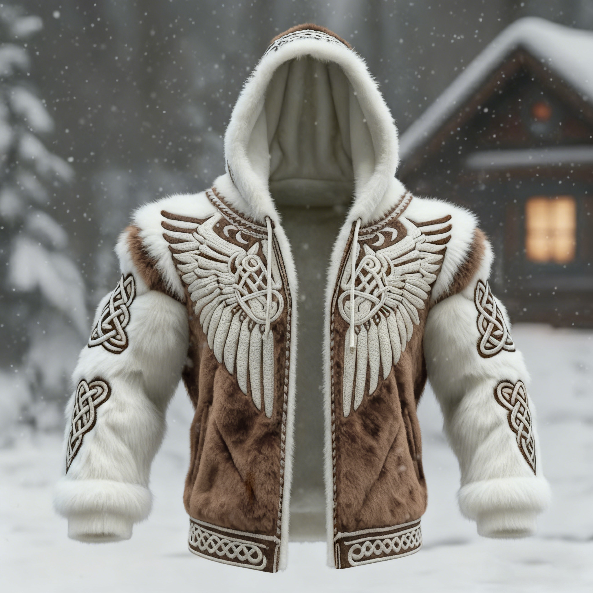 Men's Viking Tribal Jacquard Celtic With Wings Inspired Art Plush Warm Zipped Hooded Jacket