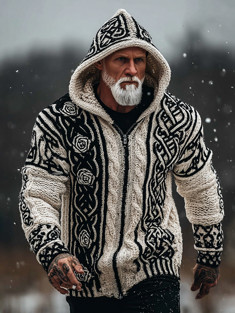 Men's Viking Tribal Jacquard Celtic With Rose Inspired Chunky Knit Zipped Hooded Sweater