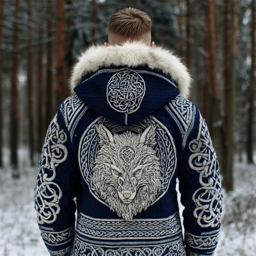 Viking Wolf Totem Design Men's Plush Trimmed Hooded Cardigan