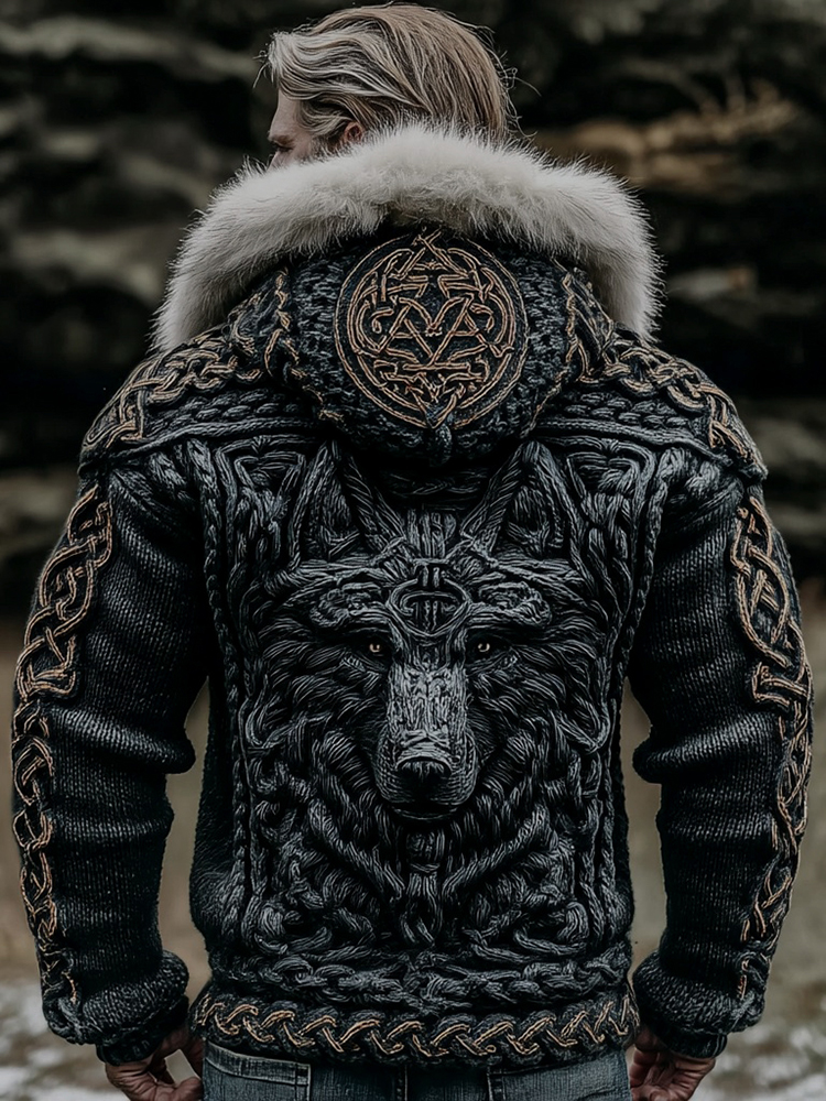 Men's Viking Wolf Celtic Knot Knit Fuzzy Hooded Zipper Cardigan