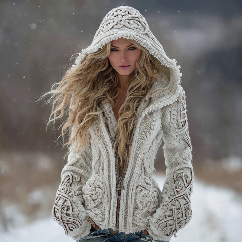 Women's Viking Celtic Knot Art Cozy Warm Knit Zip Hooded Sweater