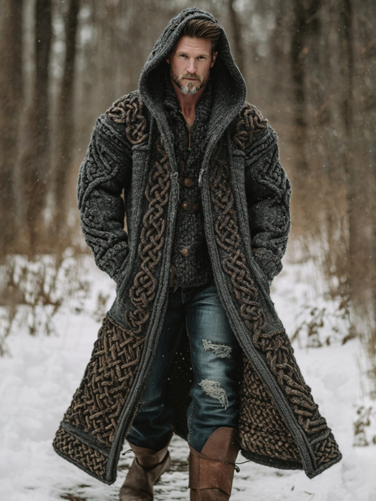 Men's Viking Celtic Knot Art Mid-length Chunky Knit Cardigan Sweater