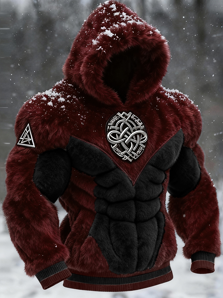Men's Viking Tribal Jacquard Celtic Muscle Line Inspired Art Plush Warm Hoodie