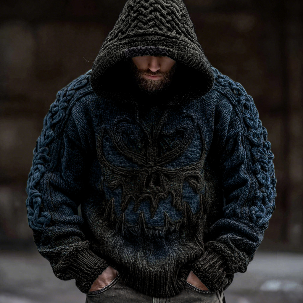 Men's Viking Devil Face Celtic Knot Jacquard Knit Hooded Sweater
