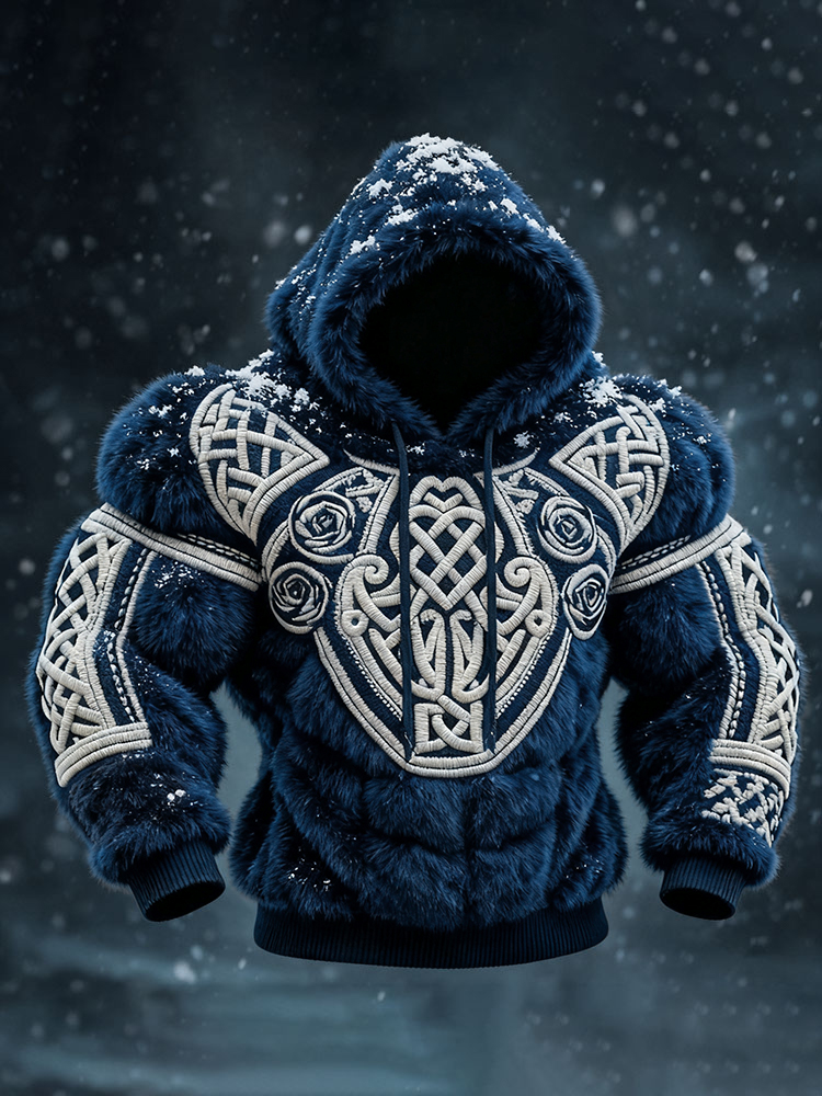 Men's Viking Tribal Jacquard Celtic Muscle Line Inspired Art Plush Warm Hoodie