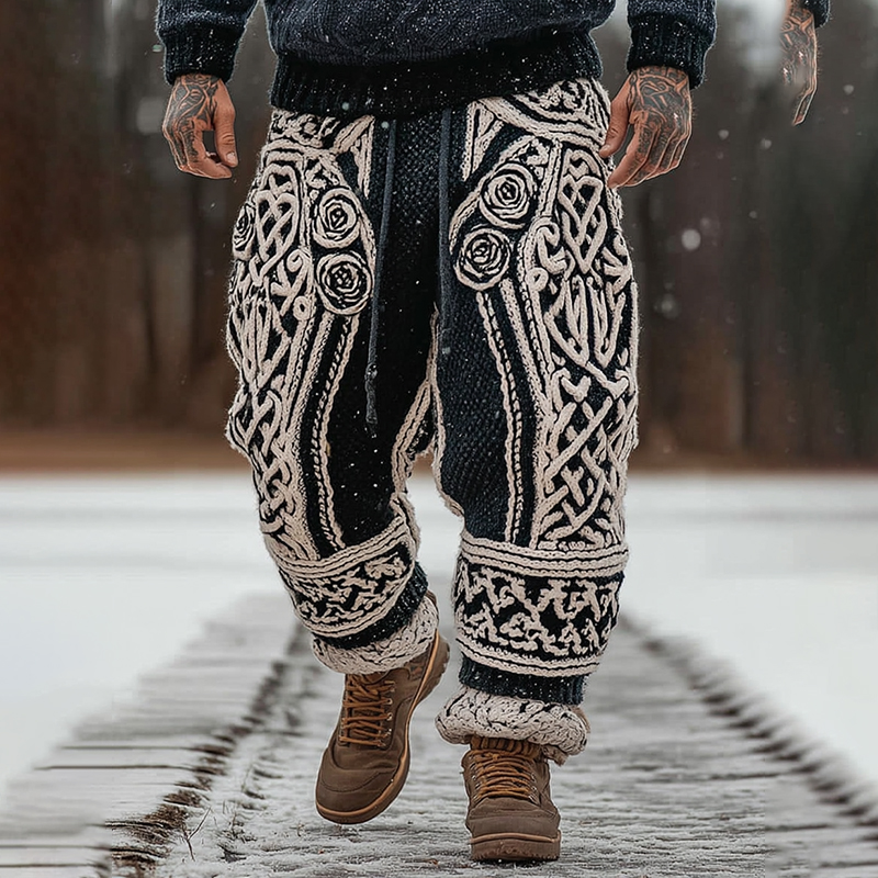 Men's Viking Tribal Jacquard Celtic With Rose Inspired Chunky Knit Warm Knit Pants