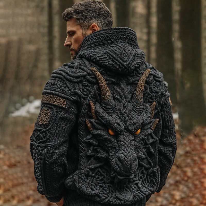 Men's Viking Dragon Art Celtic Knit Cozy Hooded Sweater