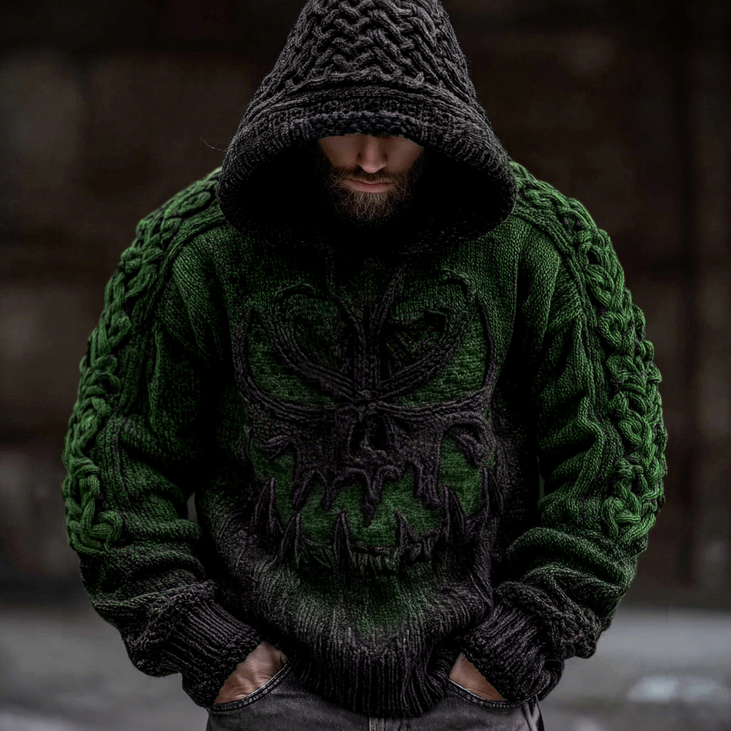 Men's Viking Devil Face Celtic Knot Jacquard Knit Hooded Sweater