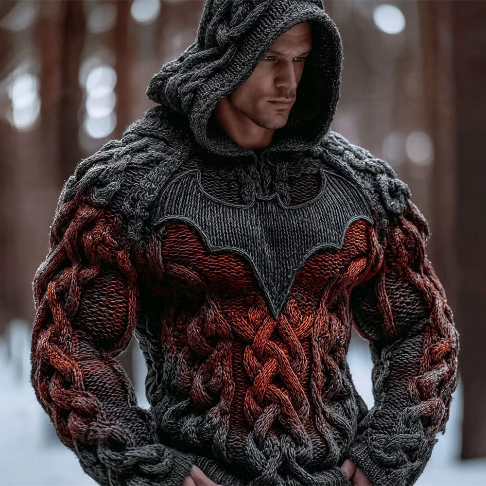 Halloween Flame Bat Men's Chunky Knit Hooded Sweater