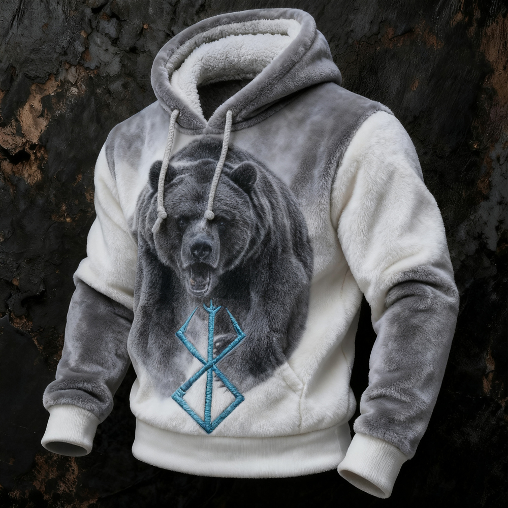 Men's Viking Rune Embroidered Bear Pattern Plush Hoodie