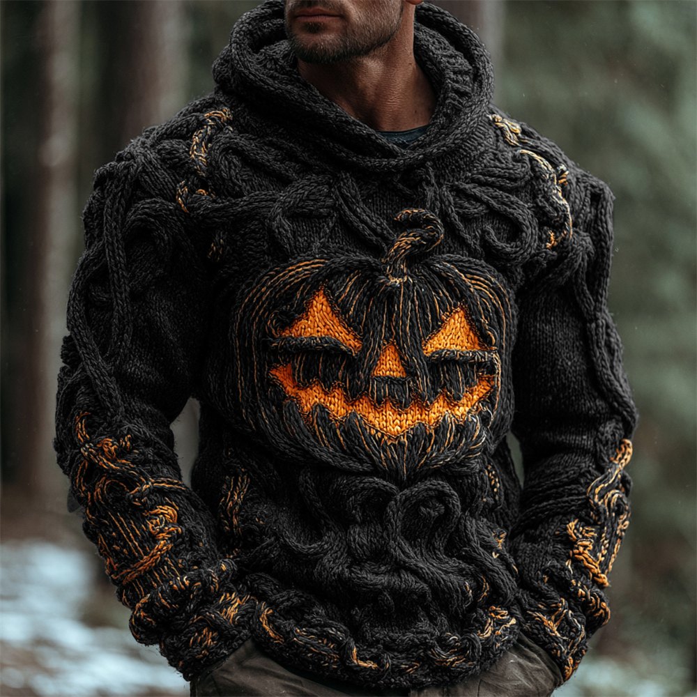 Halloween Pumpkin Emoji Men's Chunky Knit Hooded Sweater