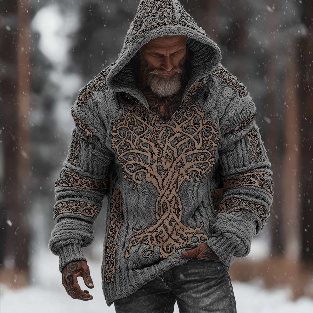 Men's Viking Style Flowering Tree Of Life Warm Thick Needle Hooded Sweater