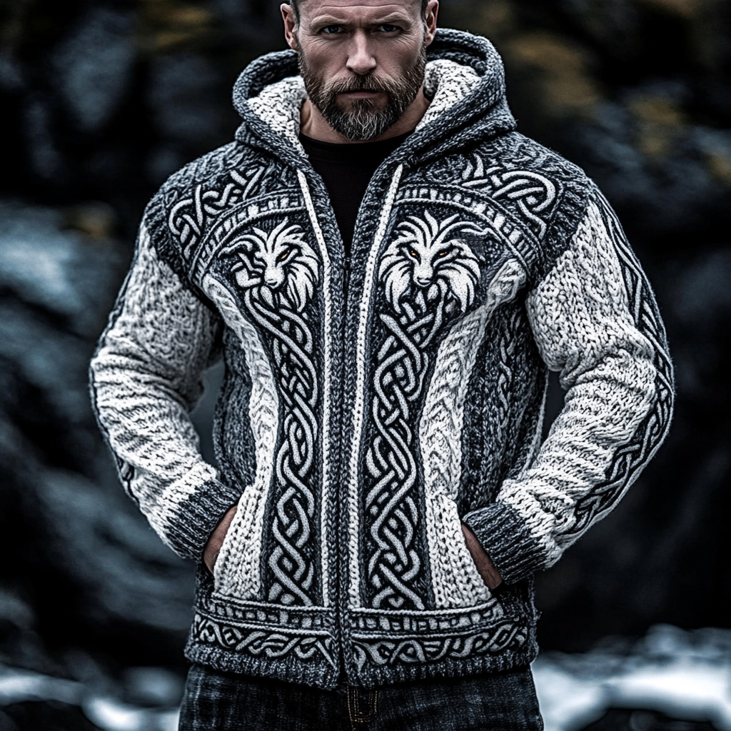 Men's Viking Wolf Style Celtic Thick Zip Hooded Sweater