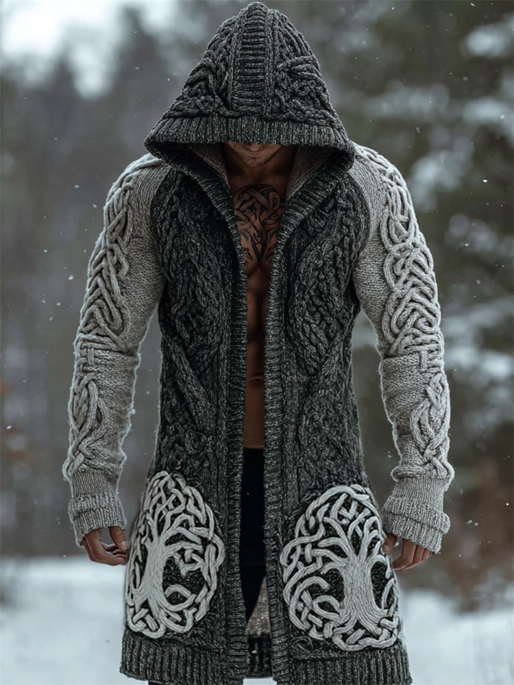 Men's Viking Tree Of Life Celtic Contrast Chunky Hooded Cardigan