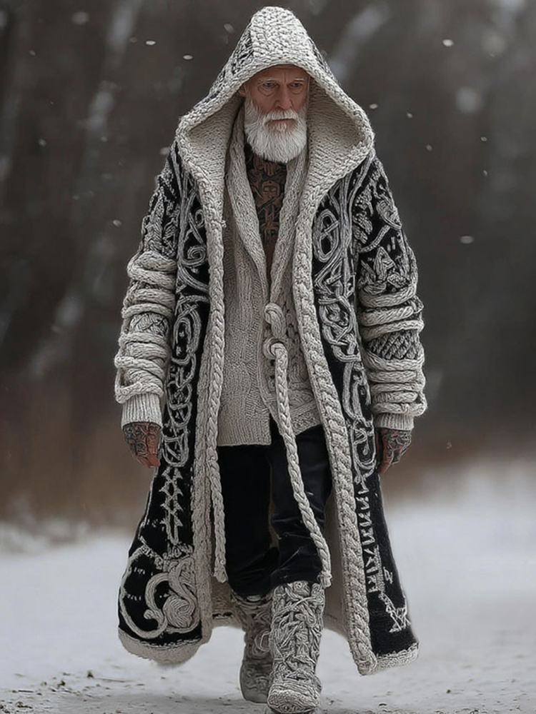 Men's Vintage Viking Celtic Knot Art Color Block Cozy Long Cardigan Sweater