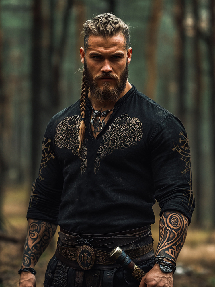 Men's Viking Tribal Celtic Art Graphic Half Button Art Linen Blend Shirt