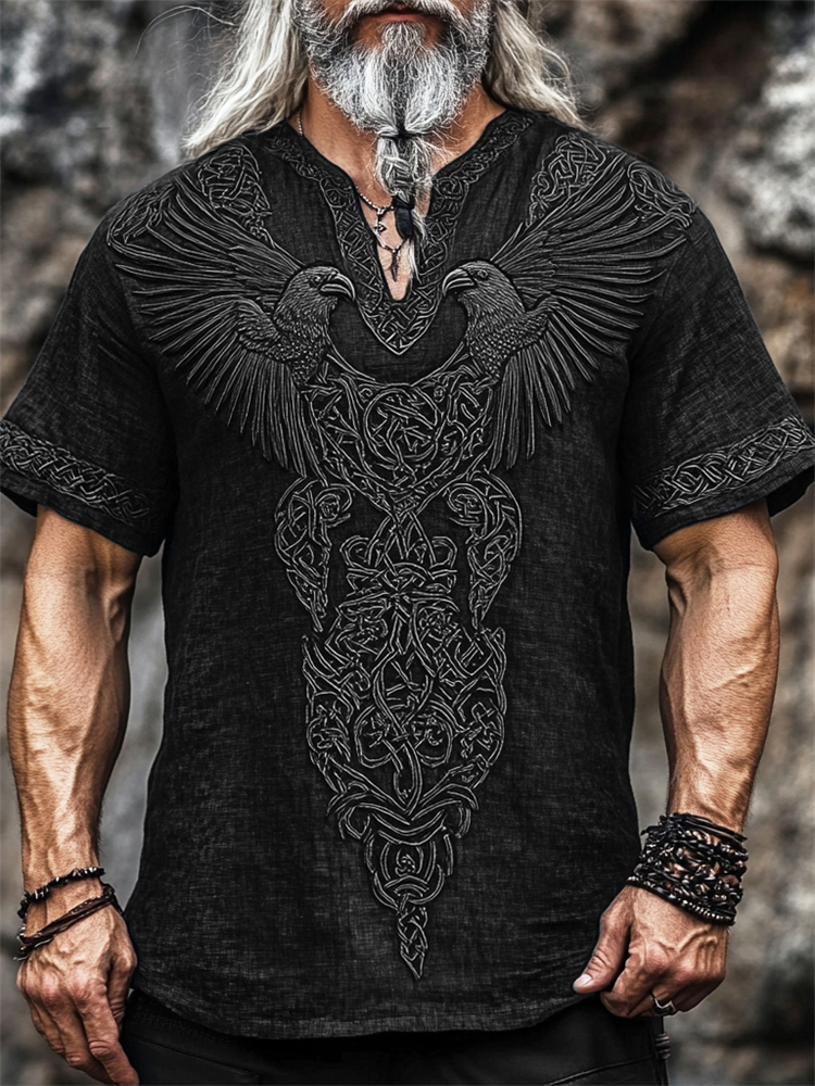 Men's Viking Ravens Celtic Embroidered Washed Linen Shirt