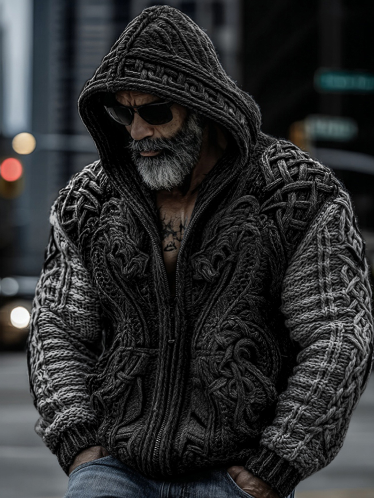 Men's Viking Dragon Totem Chunky Knit Hooded Cardigan