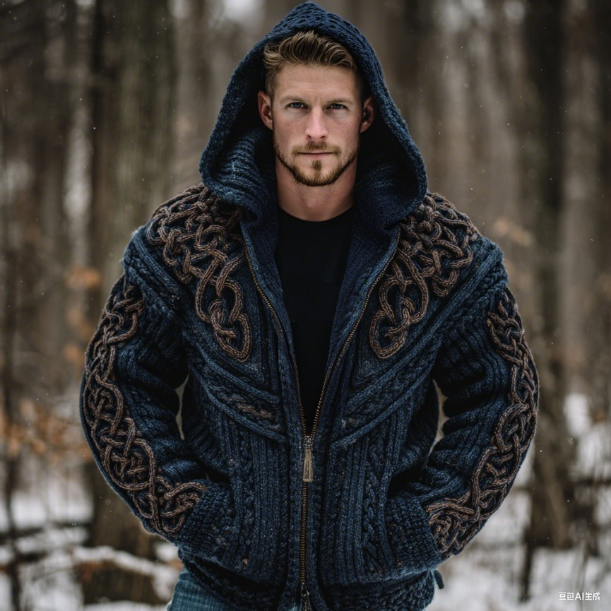 Men's Vintage Viking Celtic Knot Art Chunky Knit Hooded Zip-up Sweater