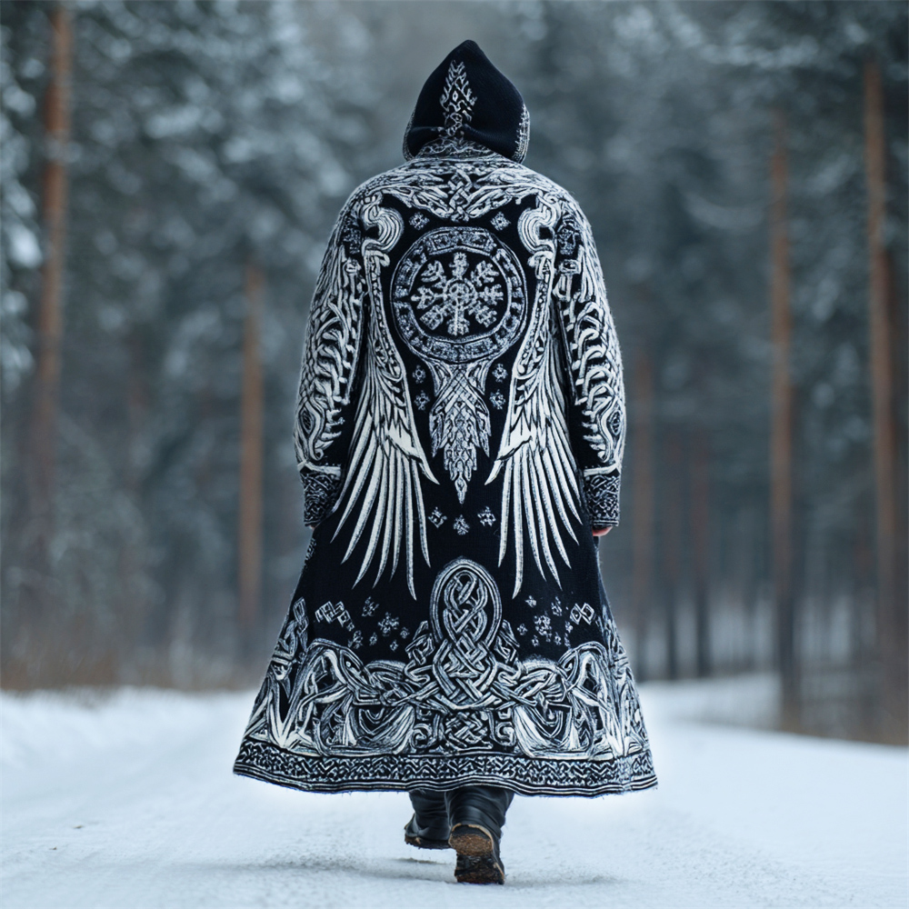 Viking Vegvisir & Wing Totem Men's Hooded Knit Maxi Robe