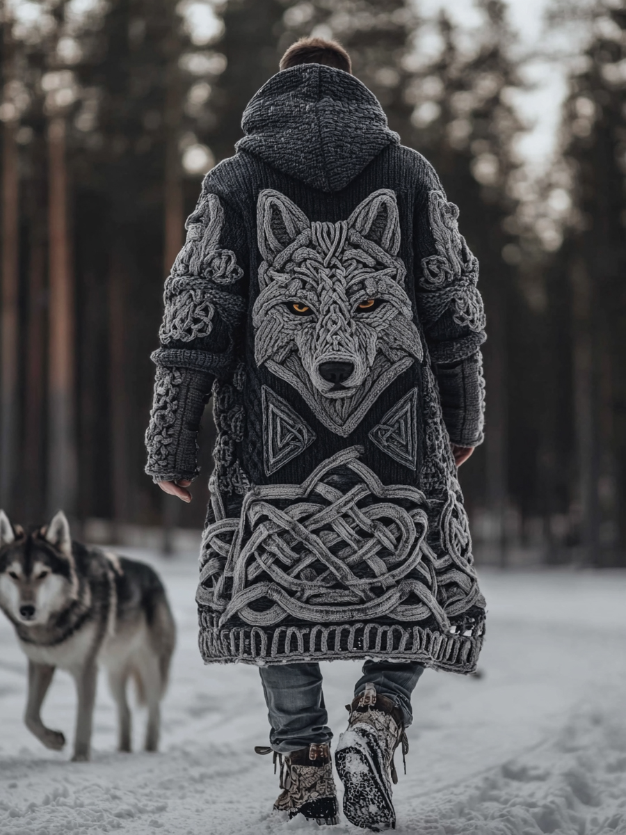 Men's Viking Style Celtic Knot Wolf Head Sweater Cardigan