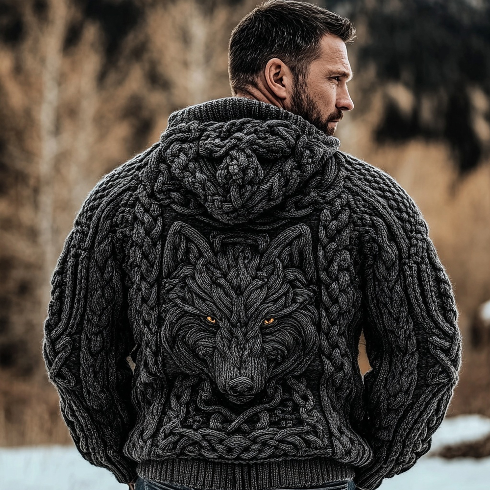 Men's Viking Celtic Wolf Knit Chunky Hooded Sweater