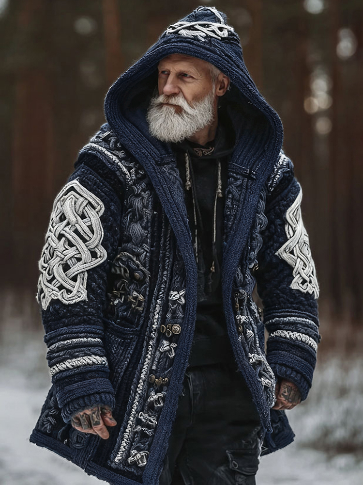 Men's Viking Celtic Geometry Pattern Art Cozy Knit Hooded Cardigan
