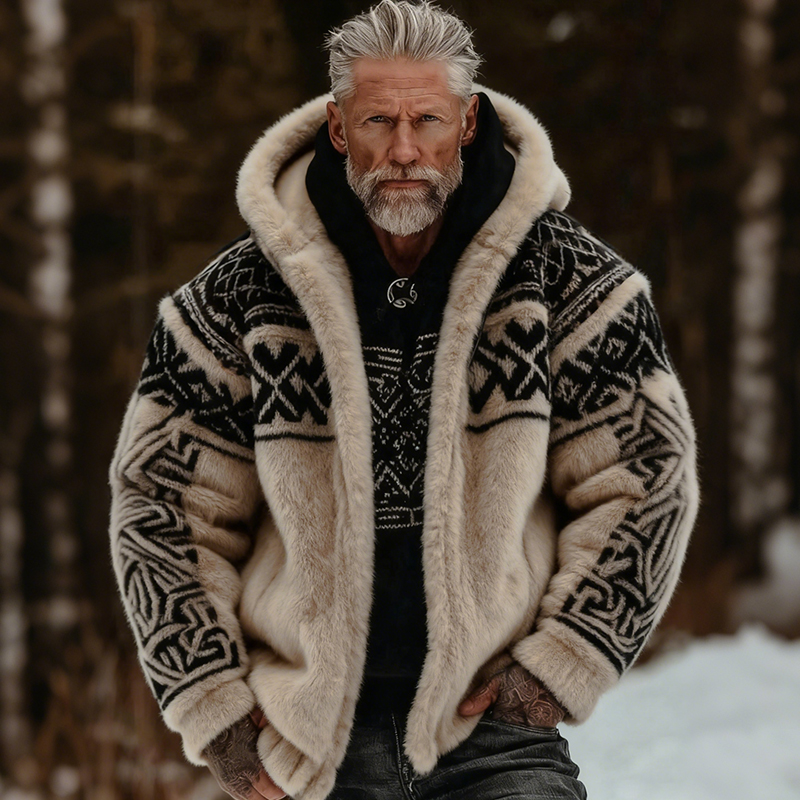 Men's Viking Celtic Art Plush Cozy Warm Zipped Hooded Jacket