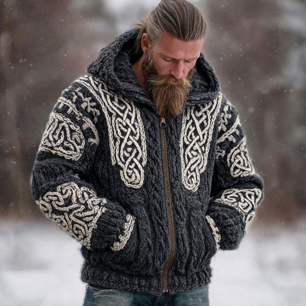 Men's Vintage Viking Celtic Knot Rune Knit Jacquard Warm Zip Hooded Sweater