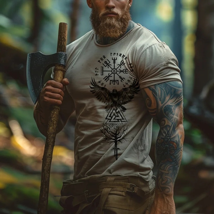 Men's Viking Print Crew Neck Short Sleeved Casual T-shirt